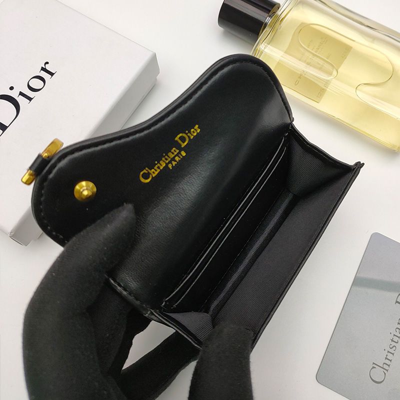 Hot Dior Saddle Flap Card Holder Goatskin Black