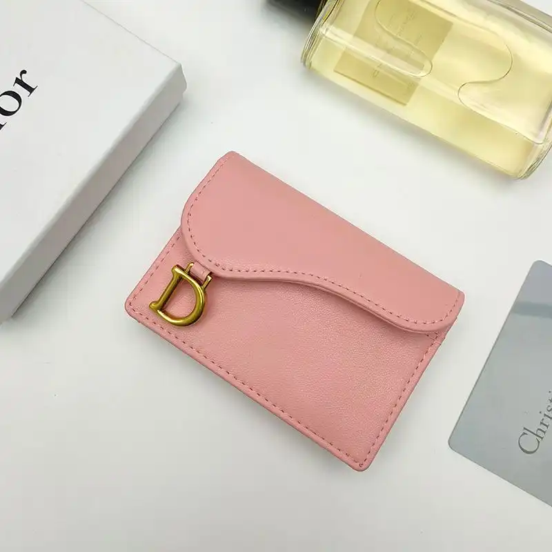 Hot Dior Saddle Flap Card Holder Goatskin Pink