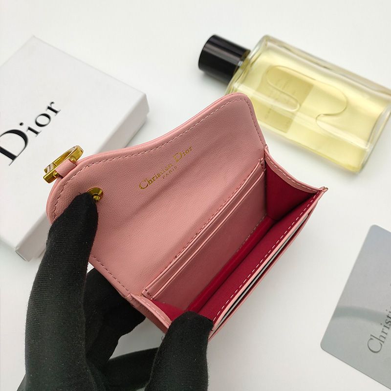 Dior Saddle Flap Card Holder Goatskin Pink Hot Sale