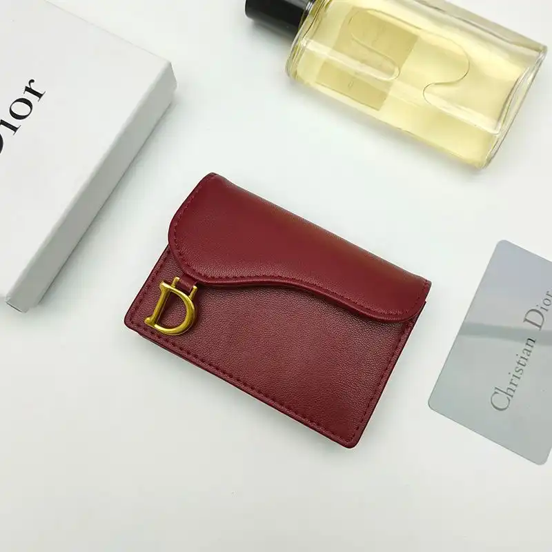 Hot Dior Saddle Flap Card Holder Goatskin Red