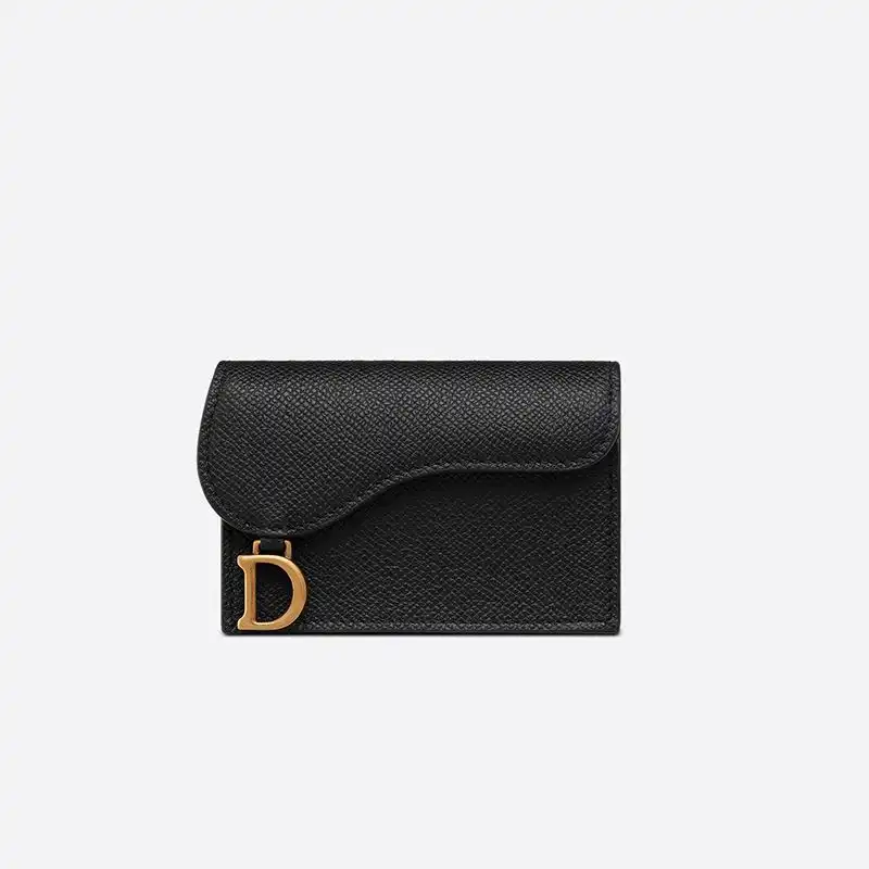 Hot Dior Saddle Flap Card Holder Grained Calfskin Black