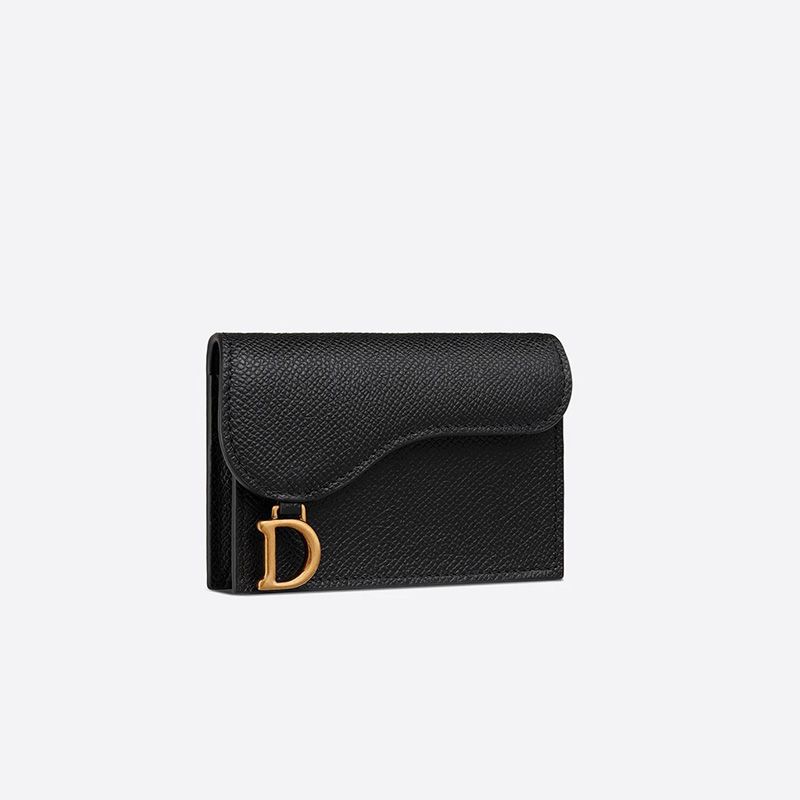 Hot Dior Saddle Flap Card Holder Grained Calfskin Black