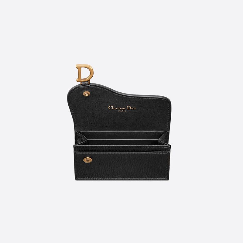 Hot Dior Saddle Flap Card Holder Grained Calfskin Black