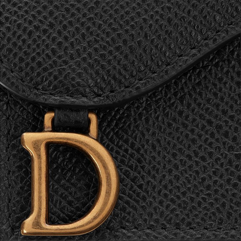 Hot Dior Saddle Flap Card Holder Grained Calfskin Black