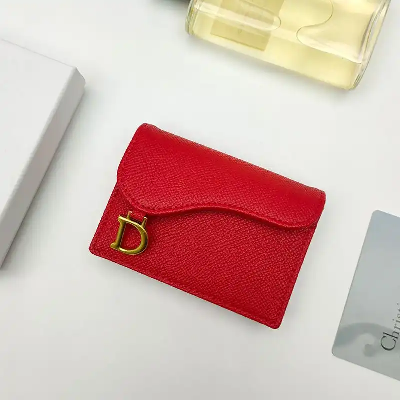 Hot Dior Saddle Flap Card Holder Grained Calfskin Red