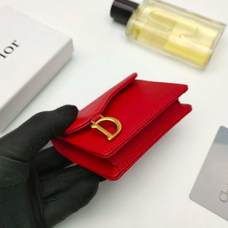 Dior Saddle Flap Card Holder Grained Calfskin Red Hot Sale