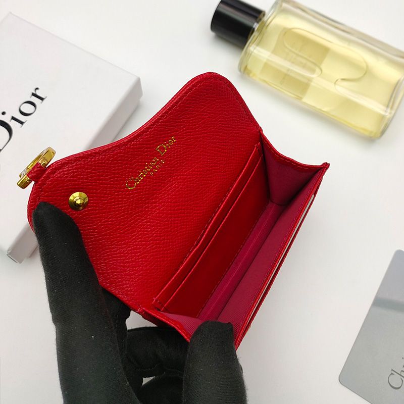 Dior Saddle Flap Card Holder Grained Calfskin Red Hot Sale