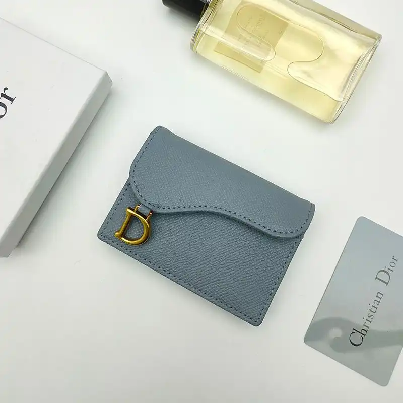 Hot Dior Saddle Flap Card Holder Grained Calfskin Sky Blue