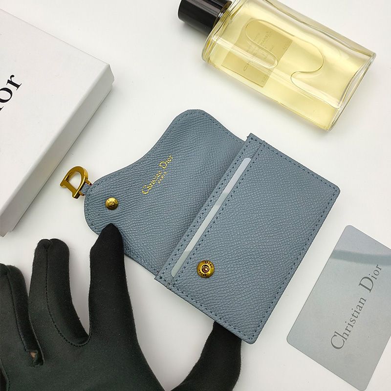 Hot Dior Saddle Flap Card Holder Grained Calfskin Sky Blue