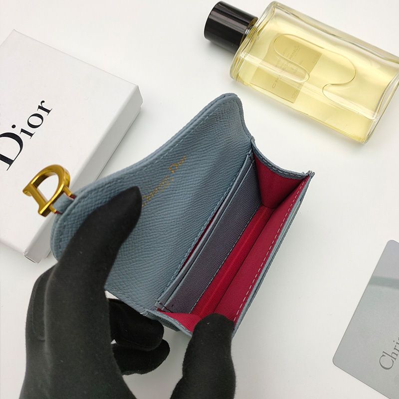 Hot Dior Saddle Flap Card Holder Grained Calfskin Sky Blue