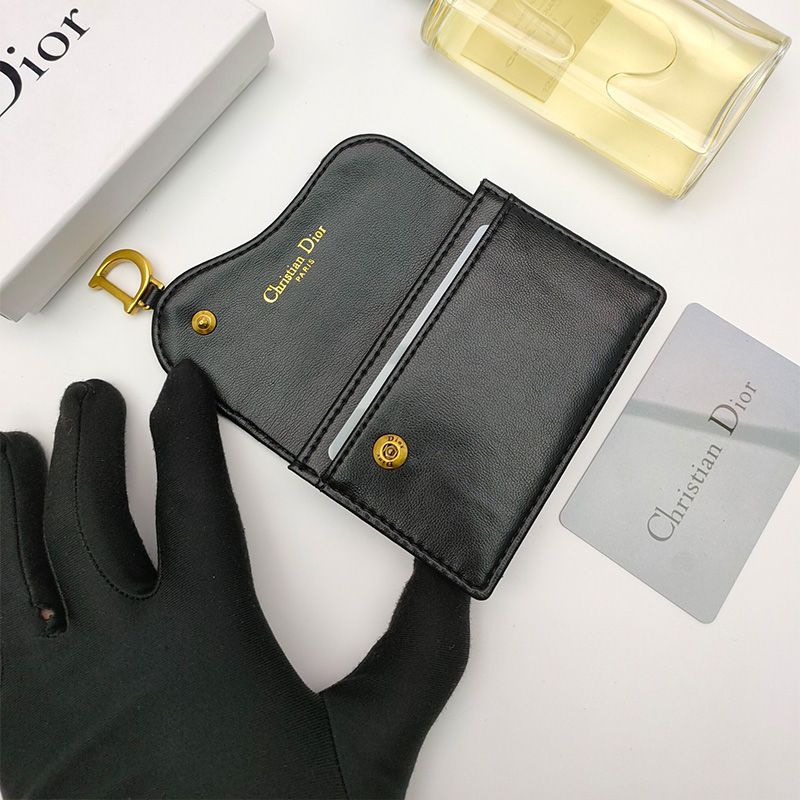 Hot Dior Saddle Flap Card Holder Half Oblique Motif Canvas Black