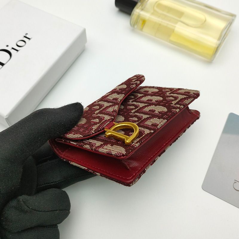 Dior Saddle Flap Card Holder Oblique Motif Canvas Burgundy Hot Sale