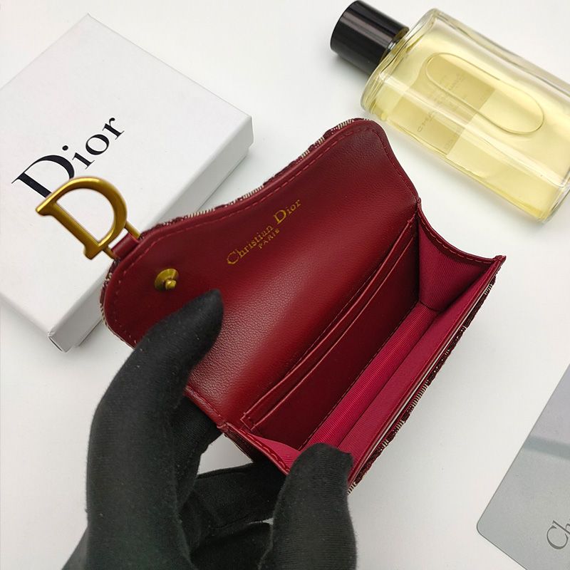 Dior Saddle Flap Card Holder Oblique Motif Canvas Burgundy Hot Sale