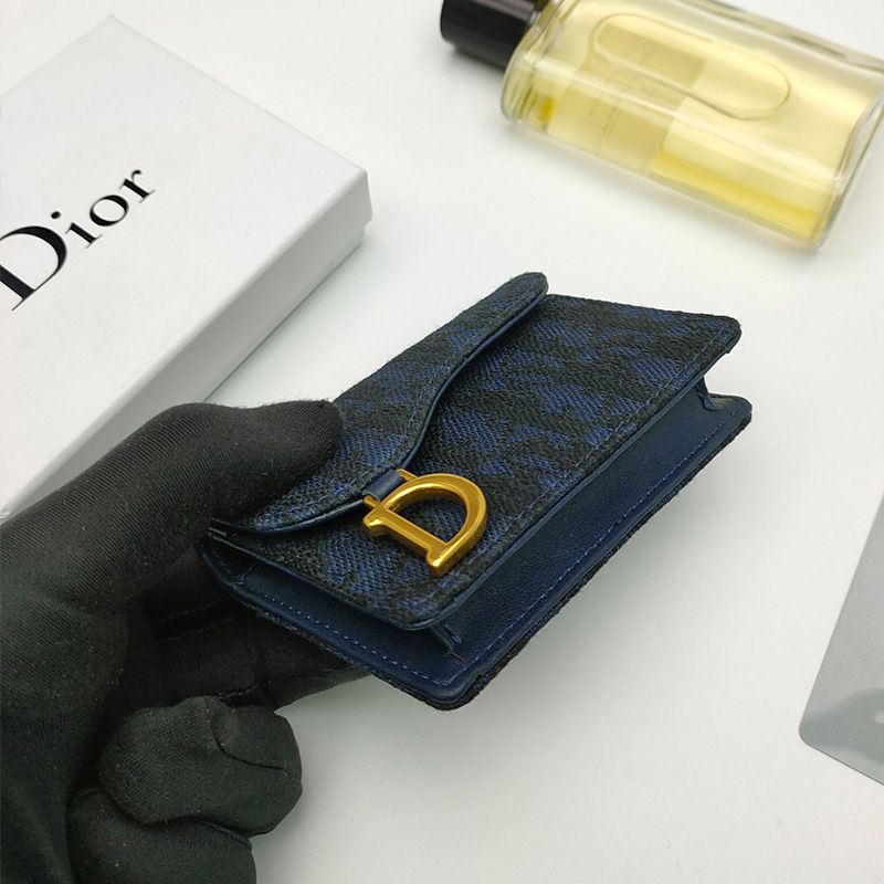 Hot Dior Saddle Flap Card Holder Oblique Motif Canvas Navy Blue