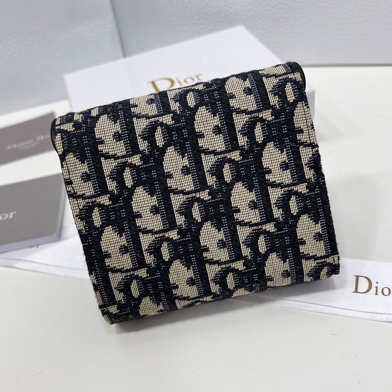 Hot Dior Saddle Three-Fold Card Holder Oblique Motif Canvas Black