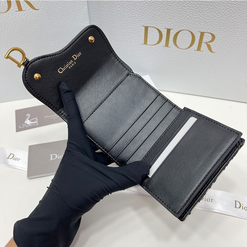 Hot Dior Saddle Three-Fold Card Holder Oblique Motif Canvas Black