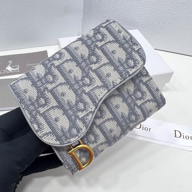 Hot Dior Saddle Three-Fold Card Holder Oblique Motif Canvas Blue