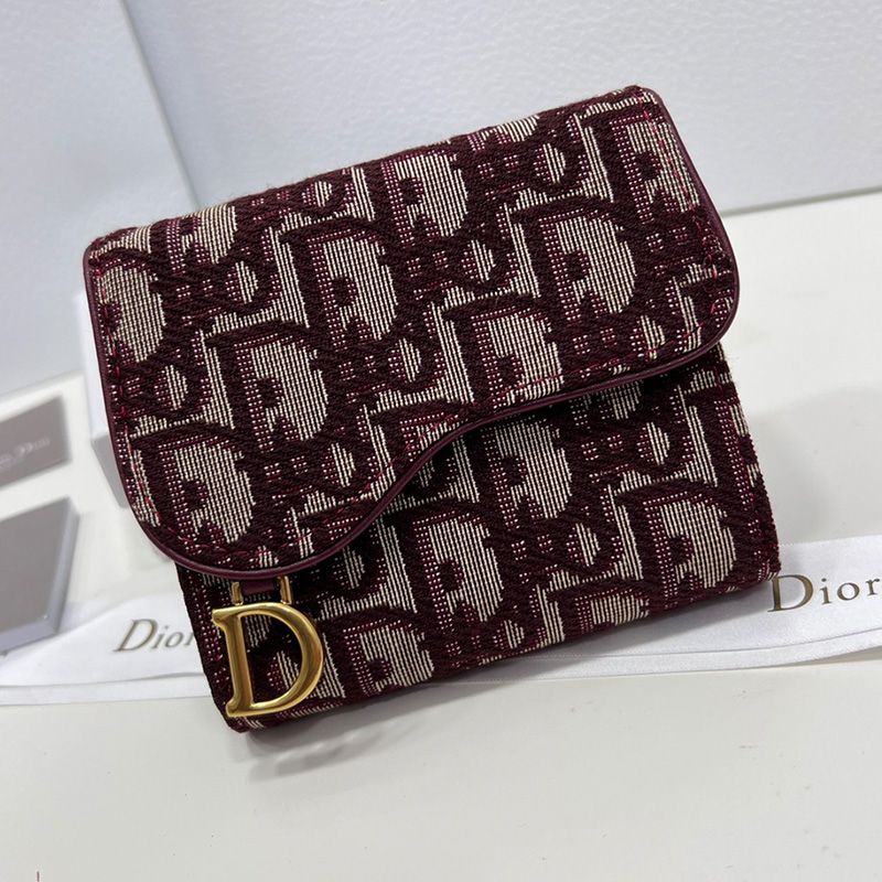 Hot Dior Saddle Three-Fold Card Holder Oblique Motif Canvas Burgundy