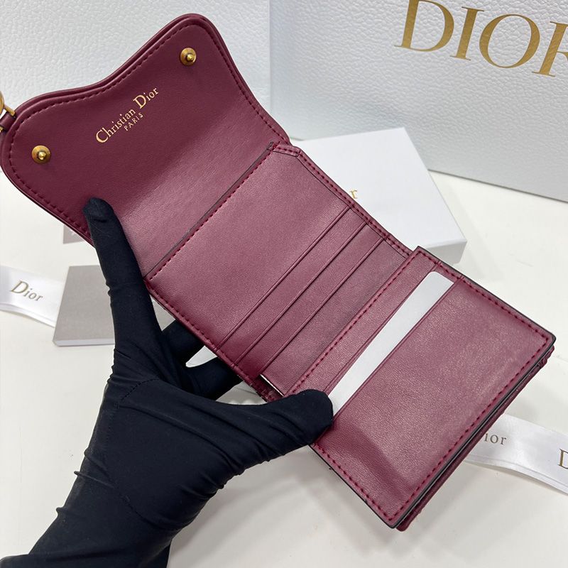 Hot Dior Saddle Three-Fold Card Holder Oblique Motif Canvas Burgundy