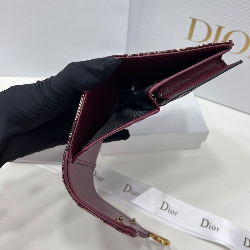 Hot Dior Saddle Three-Fold Card Holder Oblique Motif Canvas Burgundy