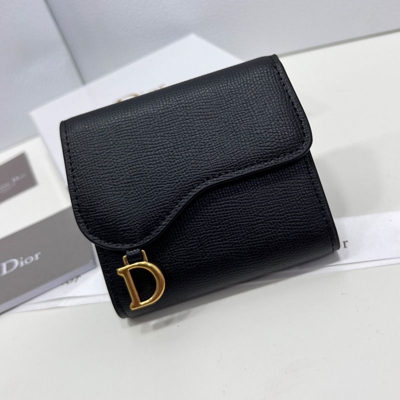 Hot Dior Saddle Three-Fold Card Holder Grained Calfskin Black