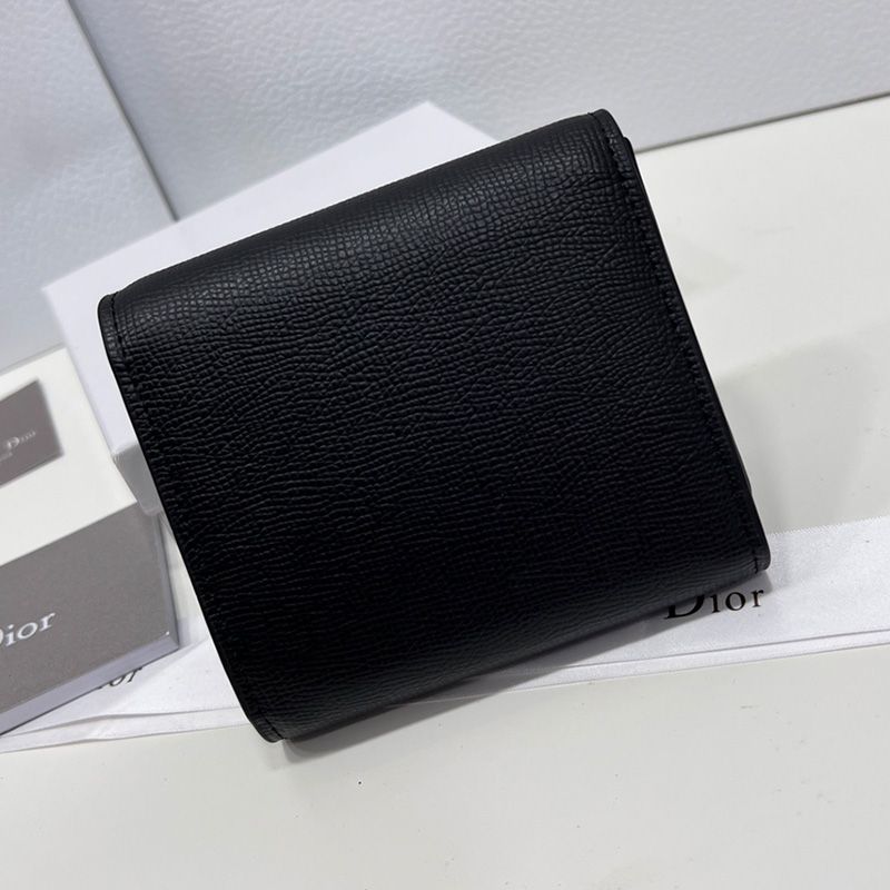 Hot Dior Saddle Three-Fold Card Holder Grained Calfskin Black