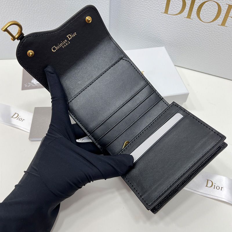 Hot Dior Saddle Three-Fold Card Holder Grained Calfskin Black