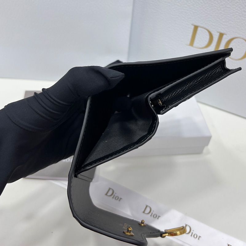 Hot Dior Saddle Three-Fold Card Holder Grained Calfskin Black