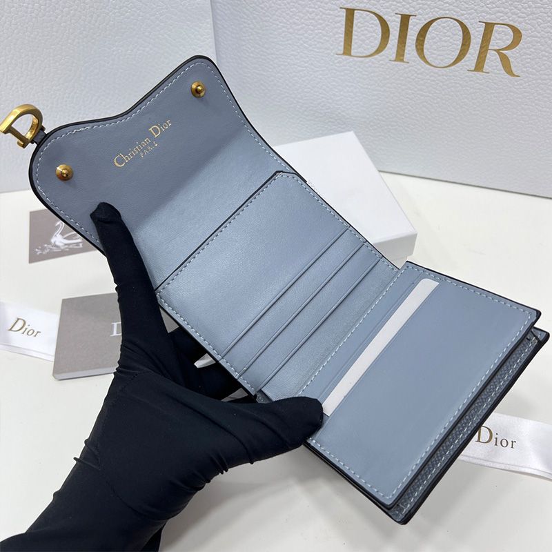 Hot Dior Saddle Three-Fold Card Holder Grained Calfskin Blue