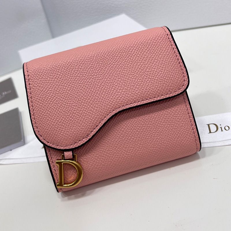 Hot Dior Saddle Three-Fold Card Holder Grained Calfskin Pink