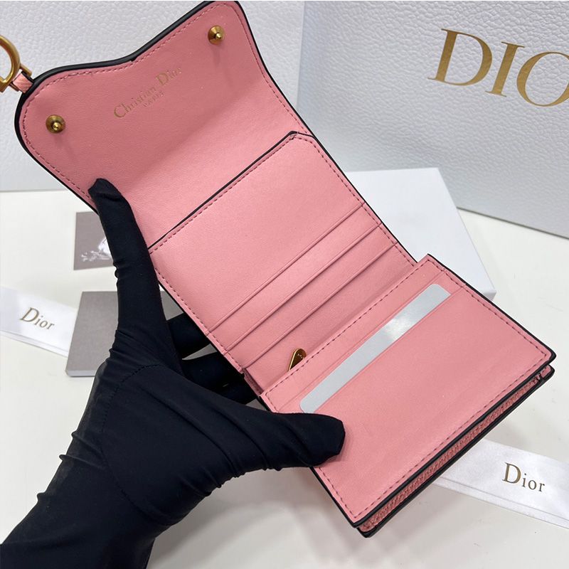 Hot Dior Saddle Three-Fold Card Holder Grained Calfskin Pink