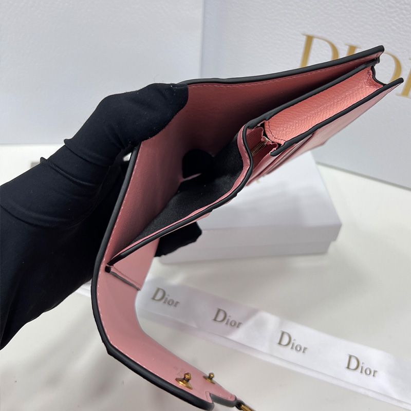 Hot Dior Saddle Three-Fold Card Holder Grained Calfskin Pink