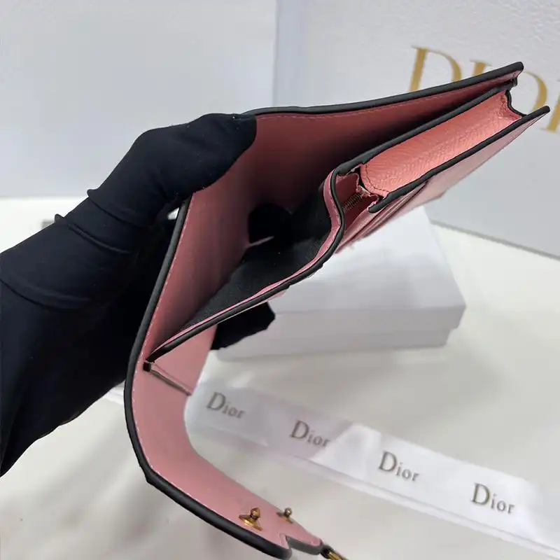 Cheap Hot Dior Saddle Three-Fold Card Holder Grained Calfskin Pink