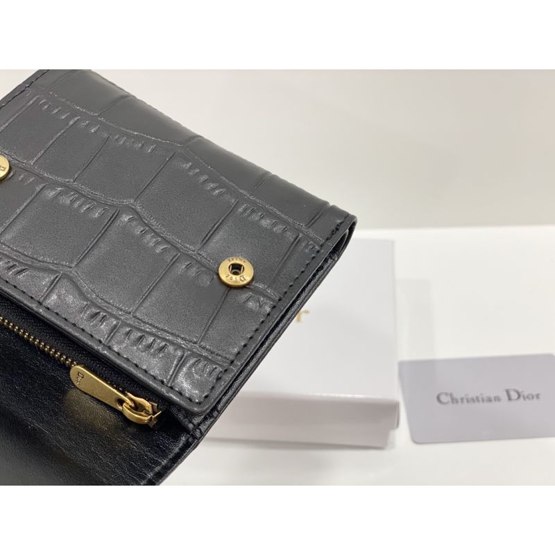 Hot Dior Saddle Card Holder Crocodile-Embossed Calfskin Black