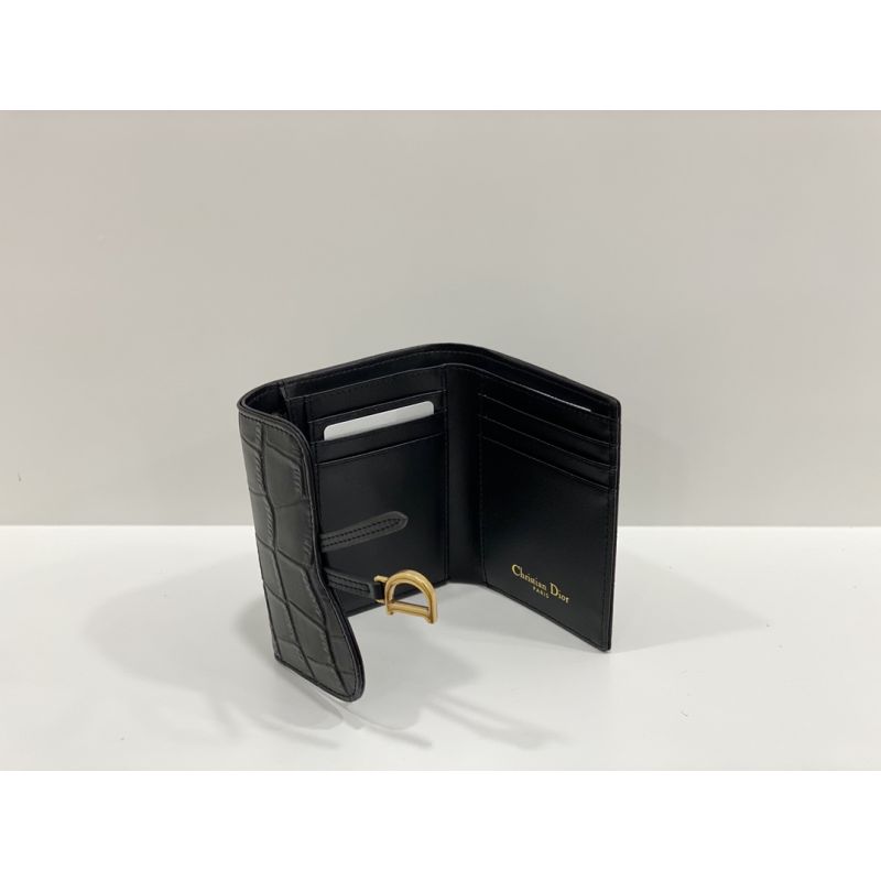 Hot Dior Saddle Card Holder Crocodile-Embossed Calfskin Black