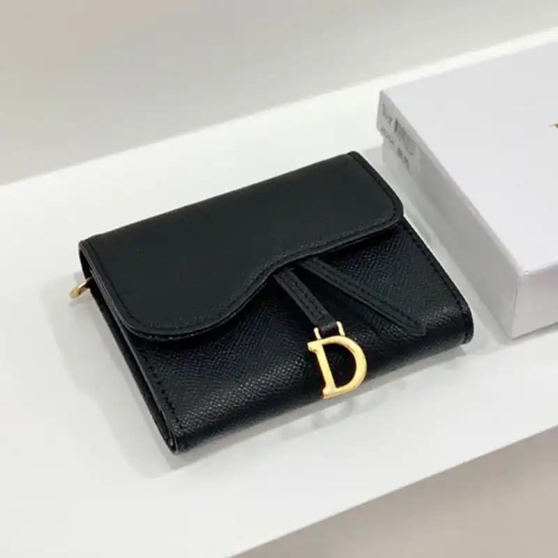 Hot Dior Saddle Card Holder Grained Calfskin Black