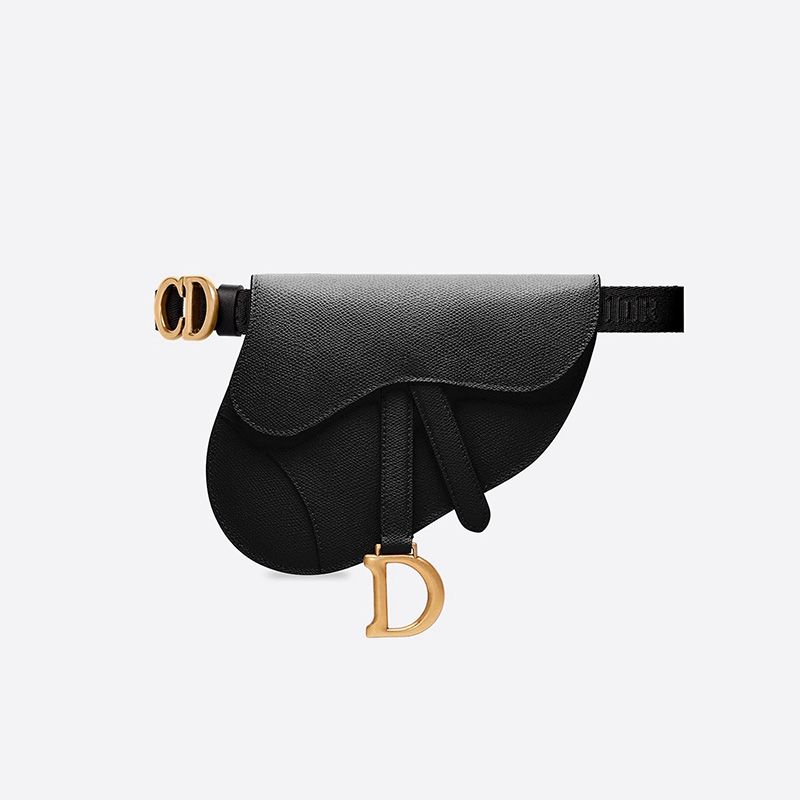 Hot Dior Saddle Flat Belt Pouch Grained Calfskin Black