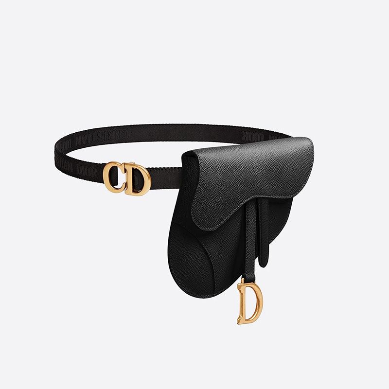 Hot Dior Saddle Flat Belt Pouch Grained Calfskin Black