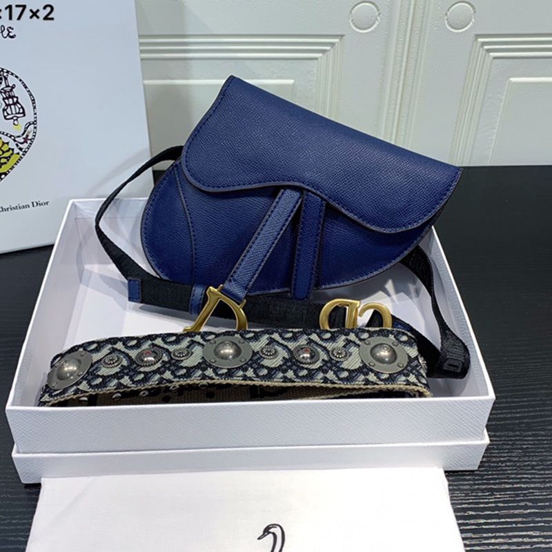 Hot Dior Saddle Flat Belt Pouch Grained Calfskin Blue