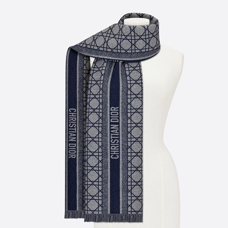 Dior Scarf Cannage Motif Cashmere and Virgin Wool Navy Blue Hot Sale