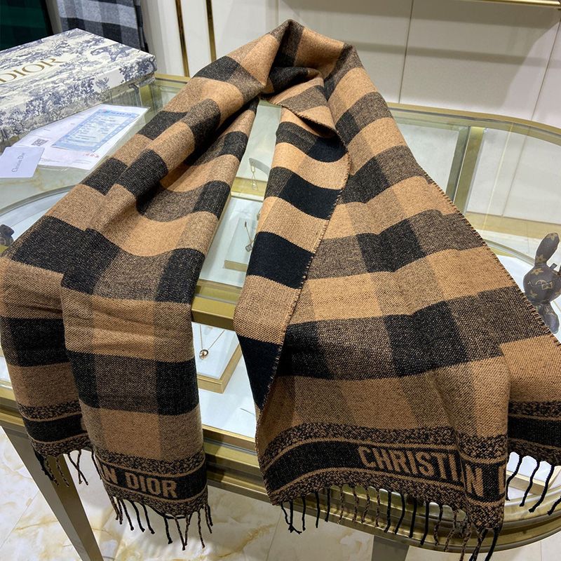 Dior Scarf Check'N'Dior Motif Wool and Angora Khaki