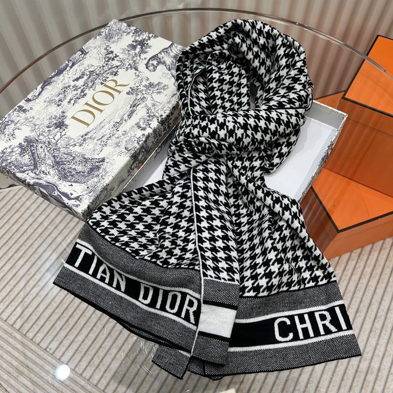 Hot Dior Scarf Micro Houndstooth Motif Cashmere Black