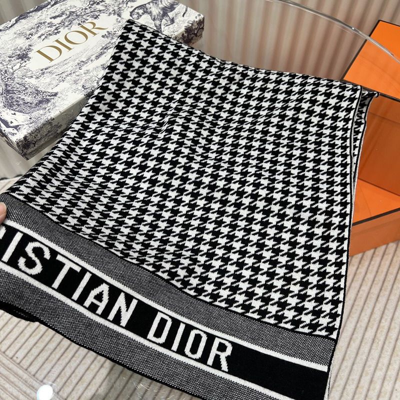 Hot Dior Scarf Micro Houndstooth Motif Cashmere Black