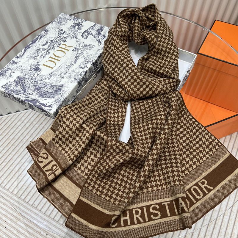 Hot Dior Scarf Micro Houndstooth Motif Cashmere Brown