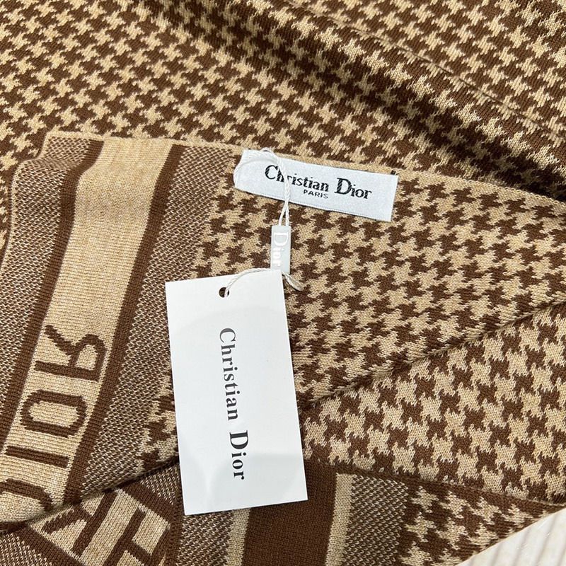 Hot Dior Scarf Micro Houndstooth Motif Cashmere Brown