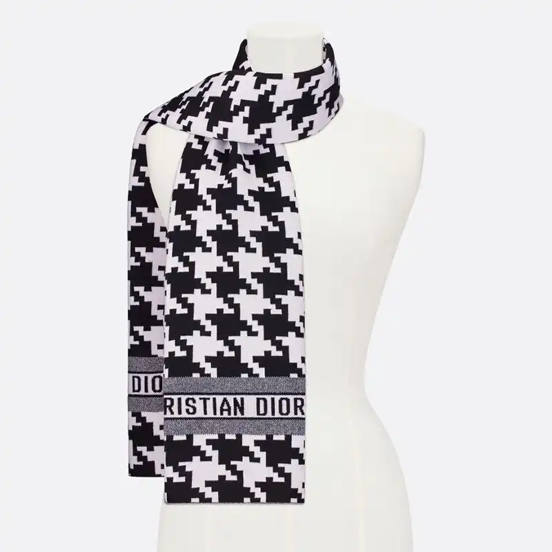 Hot Dior Scarf Macro Houndstooth Motif Technical Cashmere and Wool Black