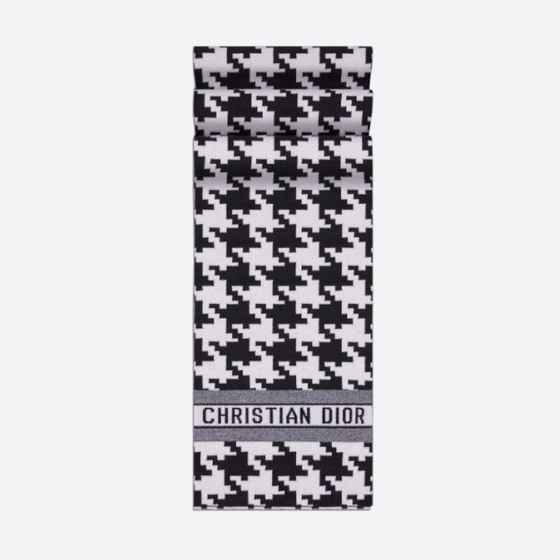 Hot Dior Scarf Macro Houndstooth Motif Technical Cashmere and Wool Black