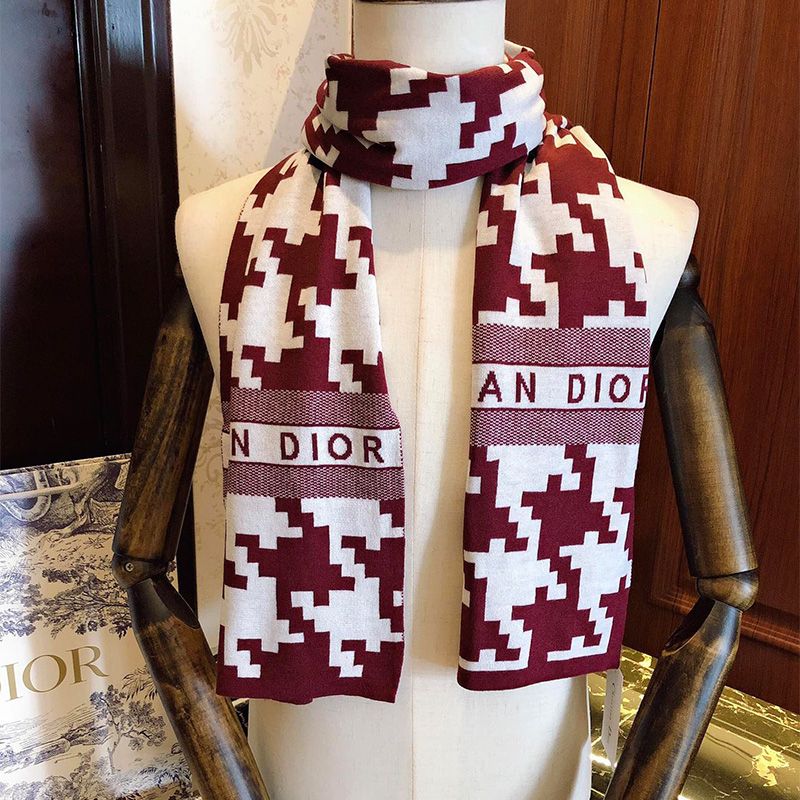 Dior Scarf Macro Houndstooth Motif Technical Cashmere and Wool Burgundy Hot Sale