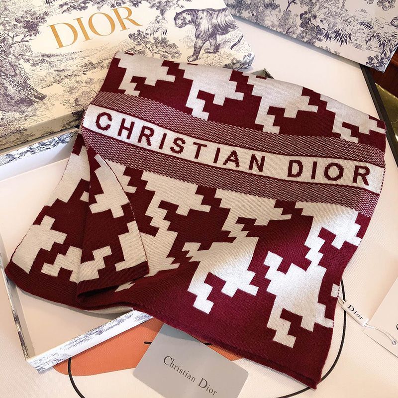 Dior Scarf Macro Houndstooth Motif Technical Cashmere and Wool Burgundy Hot Sale