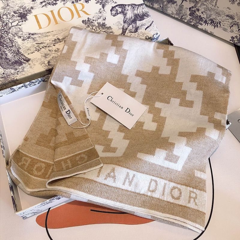 Dior Scarf Macro Houndstooth Motif Technical Cashmere and Wool Khaki Hot Sale